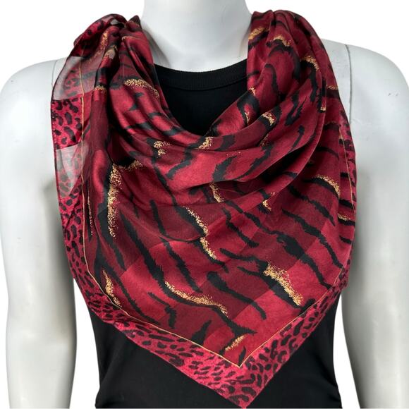 Adrienne Vittadini Red Animal Print Silk Scarf Tiger Cheetah Leopard 21"x21" - Picture 9 of 9